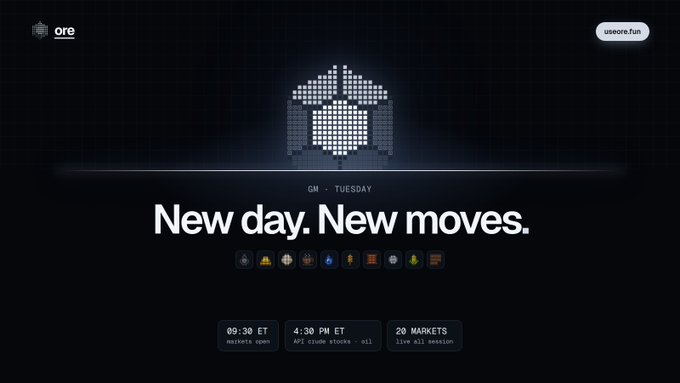 A dark-themed website homepage for 'ore' features the slogan 'New day. New moves.' and displays that markets open at 09:30 ET with 'A1 1500 stocks' and '20 MARKETS live A11 session.'
