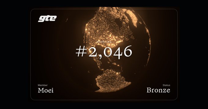 A sleek GTE membership card displays a glowing golden globe with member "Moei" holding #2,046 status in Bronze tier, visually representing the early points claim from joining the GTE waitlist campaign on megaeth.