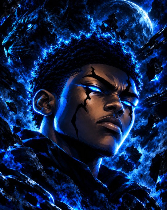 A stylized digital artwork of a dark-skinned male character with cracks on his face, glowing blue eyes, surrounded by blue flames and a dragon silhouette in the background.