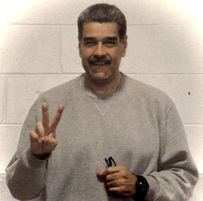 A man with gray hair and a mustache, wearing a gray sweatshirt, flashes a peace sign while holding what appears to be glasses in his other hand.