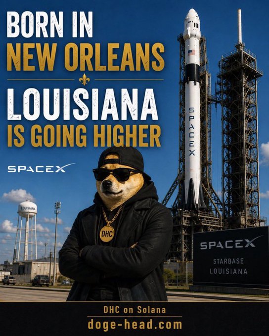 A promotional poster reading "BORN IN NEW ORLEANS LOUISIANA IS GOING HIGHER" featuring SpaceX branding, a Falcon 9 rocket on a launch pad, and a Shiba Inu dog wearing a black leather jacket, sunglasses, and a gold "DHC" medallion, with text "DHC on Solana" and "doge-head.com".