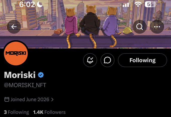 The image features a social media post from Moriski, which includes an illustration of three cats sitting on top of a building with city buildings in the background. The post also contains text that reads "Following Moriski @MORISKI_NFT Minting 27th on @solana - supply TBA @sicKo_77 - 333 Dysfunctional corrupted design coming on ETH Mint date - probably something to watch out for." This post is related to the Moriski account, as it contains a link to the account and mentions that the account has been following the post.
