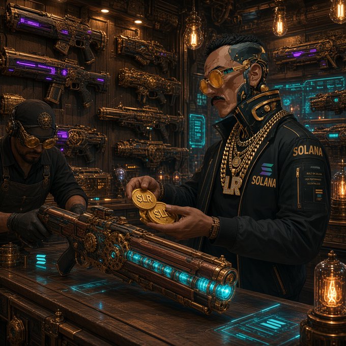 A cyberpunk-style scene showing a man in a "SOLANA" jacket holding "SOL" gold coins next to an ornate steampunk weapon in a shop filled with similar firearms.