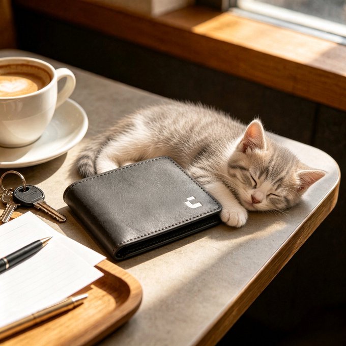 A small kitten sleeps peacefully beside a black wallet on a sunlit café table, complementing the post's cozy "GM" (good morning) vibe with its cup of coffee. The warm morning light streaming through the window enhances the tranquil, leisurely scene.