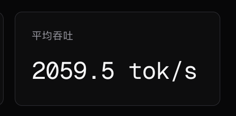 Minimalist dark-themed widget displaying Chinese text '平均吞吐' (average throughput) above a large white metric reading '2059.5 tok/s'.