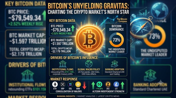 An infographic titled 'BITCOIN'S UNYIELDING GRAVITAS: CHARTING THE CRYPTO MARKET'S NORTH STAR' showing a BTC price of ~$79,549.34 with a +2.52% weekly rise, $1.597 trillion market cap, and 73% Bitcoin dominance.