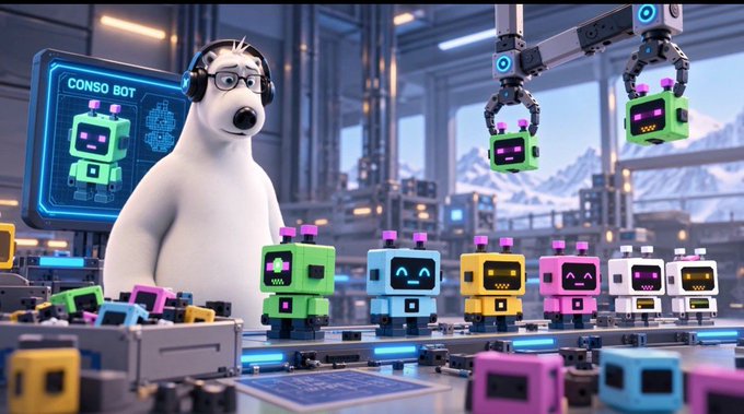 A 3D-rendered polar bear wearing headphones stands in a factory assembly line surrounded by colorful cubic robot characters, with a screen displaying 'CONSO BOT' in the background.
