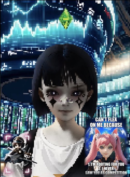 A pixelated anime-style image featuring a dark-haired character with text 'CAN'T FLEX ON ME BECAUSE' and 'I'M ROOTING FOR YOU 2. I NEVER SAW YOU AS COMPETITION' alongside other small character figures.