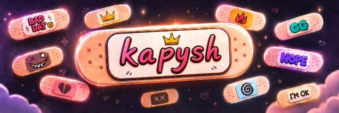 The image features a banner or poster with a pink background and white text that reads "Kapysh". The text also includes various emojis, such as hearts, stars, and smiley faces, which are commonly used for expressing emotions in digital communication platforms like Twitter. These emojis are scattered across the image, adding a playful and colorful touch to the overall design. The post seems to be promoting a social media platform or community that focuses on connecting with others through shared interests and experiences.