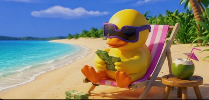 A yellow rubber duck wearing purple sunglasses relaxes on a beach chair counting cash, with a coconut drink beside it on a sunny beach.