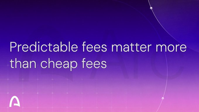 A purple gradient graphic with the text "Predictable fees matter more than cheap fees" alongside a small white logo. The image visually emphasizes the post's central argument that businesses should prioritize fee predictability over low cost, complementing the discussion about transaction costs being as important as operational simplicity.