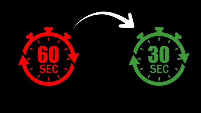 This image depicts a transition from a "60 SEC" timer (red) to a "30 SEC" timer (green), visually representing a reduction in decision time. This aligns with the post's message about making quick decisions in crypto.