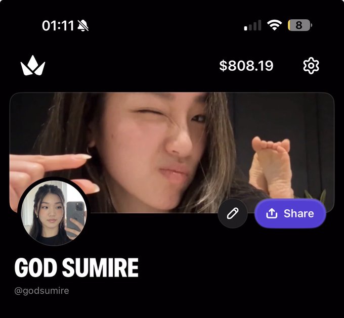 A mobile app interface showing a profile for 'GOD SUMIRE' (@godsumire) with a balance of $808.19 and a playful selfie photo.