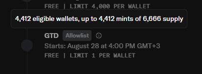 A dark interface screenshot showing a crypto giveaway or mint announcement with text: 'FREE | LIMIT 4,000 PER WALLET', '4,412 eligible wallets, up to 4,412 mints of 6,666 supply', 'GTD Allowlist', 'Starts: August 28 at 4:00 PM GMT+3', 'FREE | LIMIT 1 PER WALLET'.