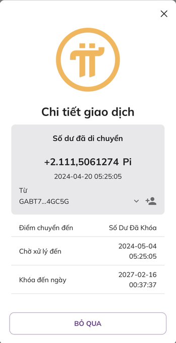 A Pi Network cryptocurrency transaction details screen in Vietnamese showing a transfer of +2.1115061274 Pi dated 2024-04-20, with lock and unlock dates of 2024-05-04 and 2027-02-16.