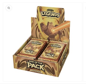 A retail display box for 'Dogs Legends' trading cards themed 'Rise of the Pack,' containing multiple card packs featuring a warrior dog character.