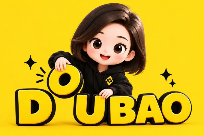 A 3D cartoon-style illustration of a smiling woman with short brown hair peeking over large yellow 'DOUBAO' letters against a bright yellow background, featuring a Binance logo on her black hoodie.
