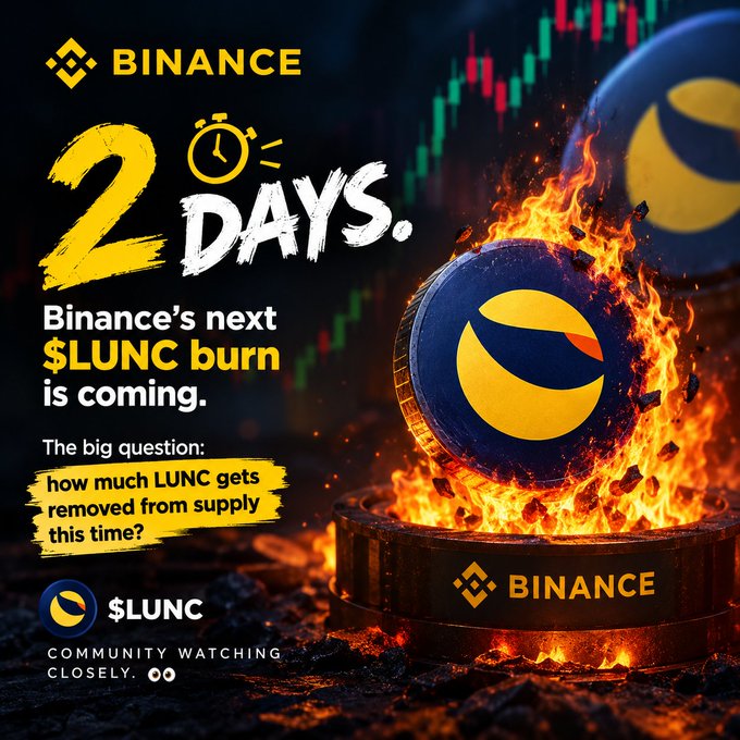 A promotional Binance graphic announcing a '2 DAYS' countdown to their next $LUNC token burn, featuring burning Terra Luna Classic coins on a pedestal with a candlestick chart background.