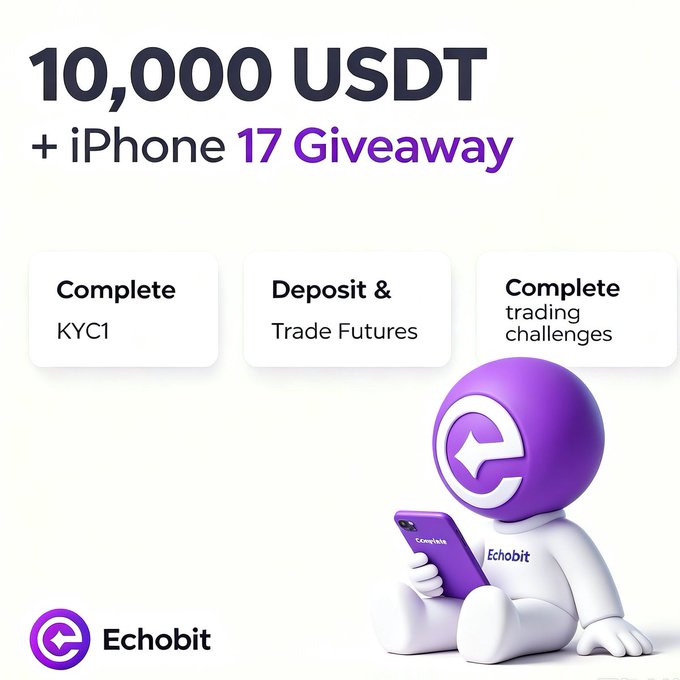 A promotional graphic for 'Echobit' offering a '10,000 USDT + iPhone 17 Giveaway' with steps: 'Complete KYC1', 'Deposit & Trade Futures', and 'Complete trading challenges,' featuring a purple mascot holding a phone.