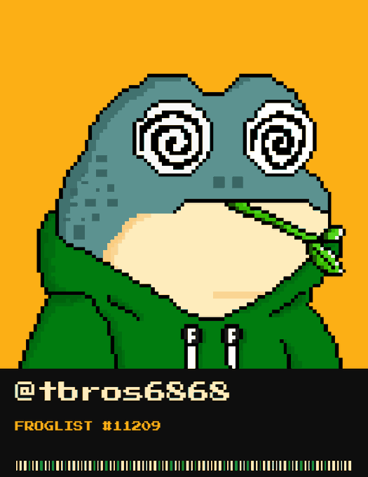 A pixel art frog with spiral eyes wearing a green hoodie and smoking a pipe, displayed against an orange background with "@tbros6868" and "FROGLIST #11209" text below, matching the user's promotion of their #11209 entry on the @zecfrogs pixel frog collection.