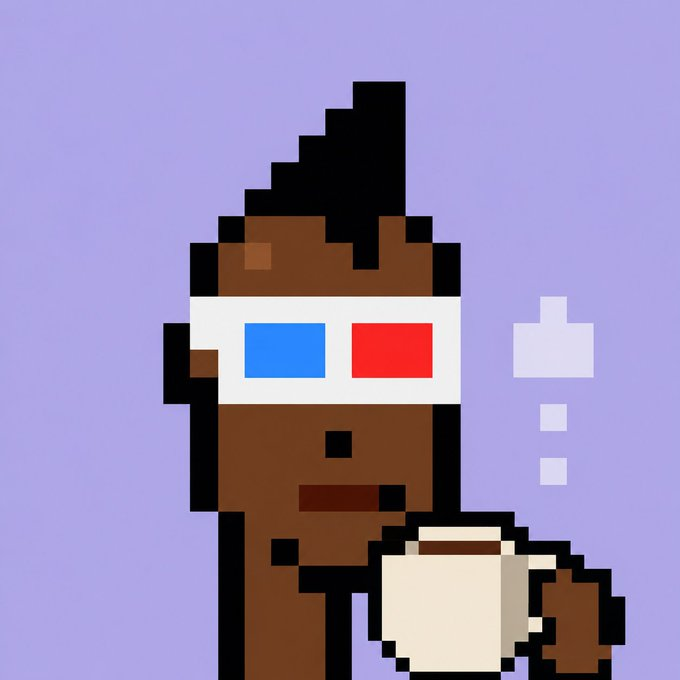A pixel art illustration of a person with brown skin wearing red and blue 3D glasses, holding a mug against a light purple background.