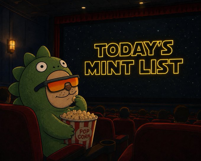 An illustration shows a green dinosaur-like mascot wearing sunglasses and holding a popcorn bucket while sitting in a movie theater, with the glowing yellow text 'TODAY'S MINT LIST' displayed on the screen.