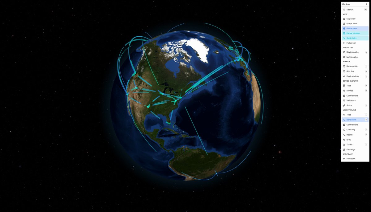 The image shows a 3D rendering of the Earth with various lines connecting different parts of the planet. The caption below the image provides information about the content, stating that it's about time for an update related to the Bitcoin network, which has been updated at 420+ @Solana validators and is now up to date with over 9.93 terabits per second in dedicated capacity. It also mentions that there are 169 dedicated low-latency links and a total connected value of around 17B USD.