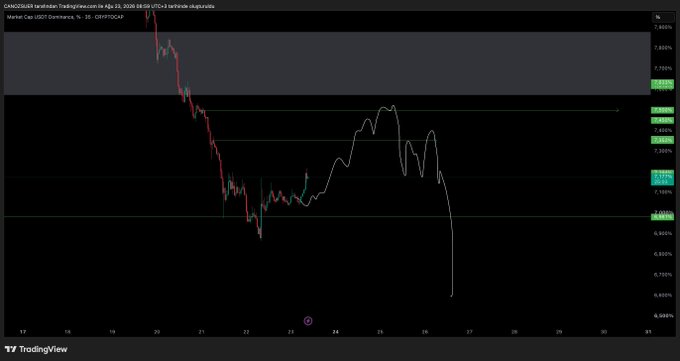 The image displays a TradingView chart of "Market Cap USDT Dominance" (CRYPTOCAP:USDTD.D) with a marked resistance level at 5.93% and dominance currently around 7.20%, showing recent volatile downward price action from the highs near 7.36%. The chart supports the post's analysis about USDT dominance still needing to touch key internal structure levels before breaking down further, illustrating the ongoing consolidation and recent sharp decline the trader referenced.