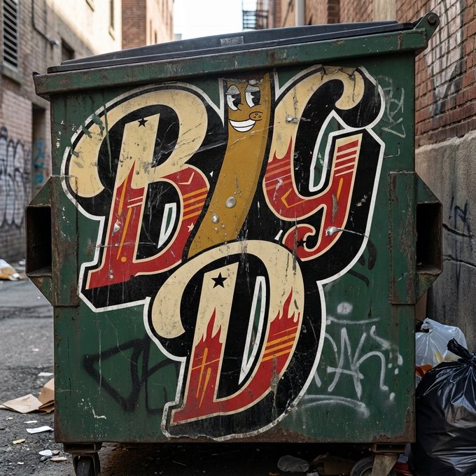 A green dumpster in an alleyway decorated with graffiti that reads 'BIG D' with a smiley face cartoon character and flame designs on the letters.