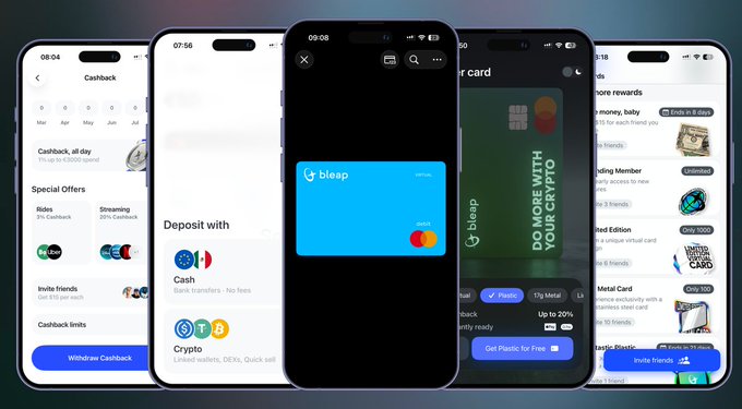 Five smartphones display various screens of the Bleap crypto/fintech application, including Cashback, Deposit options (Cash and Crypto), a blue virtual card, a green 'DO MORE WITH YOUR CRYPTO' card, and member rewards.