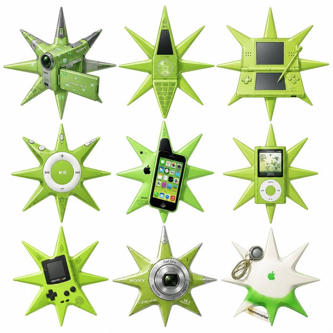 A creative 3x3 grid image showing various Apple and Sony electronics, including cameras, iPods, and gaming devices, with their spikes modified to look like green sea mines.