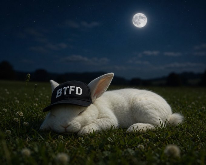 A white rabbit sleeps in a grassy field at night under a full moon, wearing a black baseball cap with the white text 'BTFD'.
