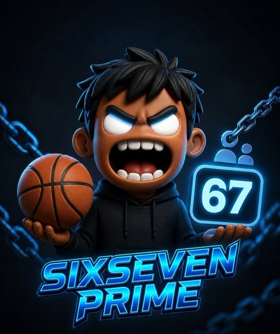 A cartoon character with an angry expression holds a basketball and a glowing badge displaying "67," with "SIXSEVEN PRIME" text below, visually echoing the promotional post's emphasis on the "+67 points" reward system for sharing referral links. The fierce expression and chains in the background reinforce the post's aggressive marketing tone about "shutting down" competitors.