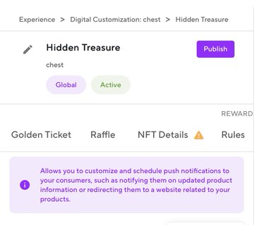 A digital dashboard interface titled "Hidden Treasure" under "Digital Customization: chest," tagged as Global and Active, with a "Publish" button and informational tooltip about customizable push notifications. The image relates to the post by showing the platform used to create and manage the Treasure Chest airdrop campaign for @BoredMunchies' limited 1,000-piece NFT collection.
