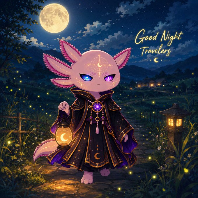 An anime-style creature with pink wings and glowing markings holds a lantern with a crescent moon design, set against a starry night landscape with the text 'Good Night Travelers'.