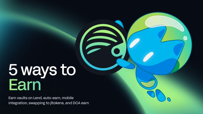 A promotional graphic for Jupiter Lend featuring a black coin logo and blue cartoon character on a dark background, with the headline "5 ways to Earn" and subtitle "Earn vaults on Lend, auto-earn, mobile integration, swapping to jlTokens, and DCA earn" illustrating the post's overview of Jupiter Lend's five earning methods including vaults, auto-earn, jlTokens like JUICED, and DCA Earn.