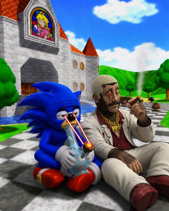 A surreal 3D render shows Sonic the Hedgehog sitting next to a tattooed man with a beanie, gold chain, and a joint, both smoking from a bong in front of Princess Peach's castle. Sonic has 'I Love to Go Fa...' written on his forehead.