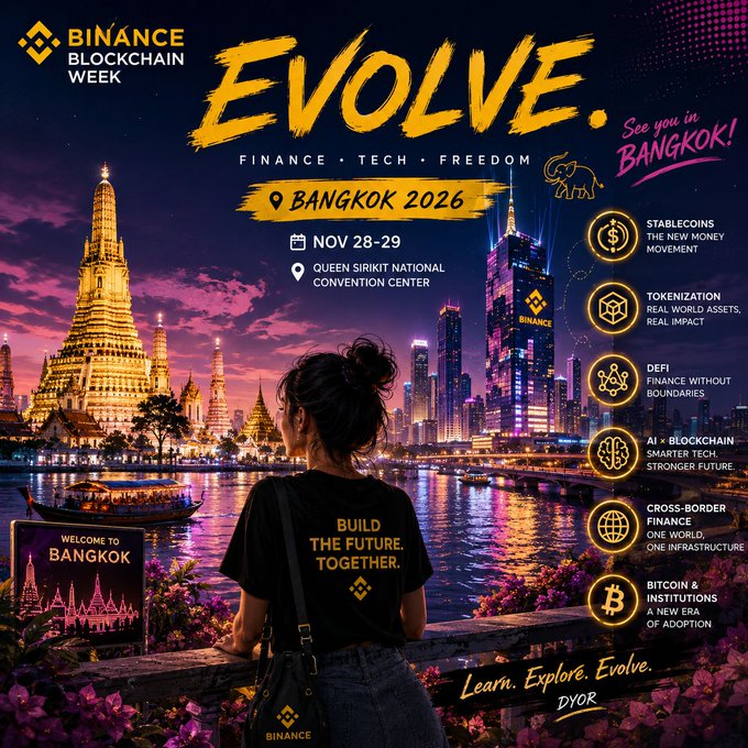 A promotional poster for Binance Blockchain Week 2026 in Bangkok features a person overlooking a vibrant cityscape blending iconic Thai temples with modern skyscrapers, announcing the November 28-29 event at Queen Sirikit National Convention Center. Key topics highlighted include stablecoins, tokenization, DeFi, AI × blockchain, cross-border finance, and Bitcoin adoption, aligning with the post's message about blockchain's evolution and the shift toward real-world applications.