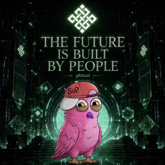 A digital illustration of a pink owl wearing a red 'SUP.' cap against a green, futuristic background with the text 'THE FUTURE IS BUILT BY PEOPLE gRitual' and a geometric logo at the top.