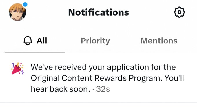 A Twitter notifications screen showing a message that reads 'We've received your application for the Original Content Rewards Program. You'll hear back soon.'