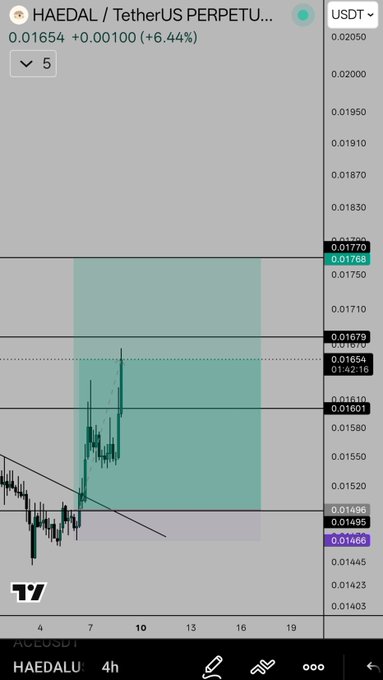 A TradingView chart of HAEDAL/TetherUS PERPETUAL showing a current price of 0.01654 (+6.44%), with a green shaded supply zone and a descending trendline.
