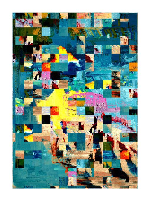 An abstract artwork featuring a grid-like collage of small painted squares in shades of blue, yellow, pink, and black, creating a mosaic effect with bright central highlights.