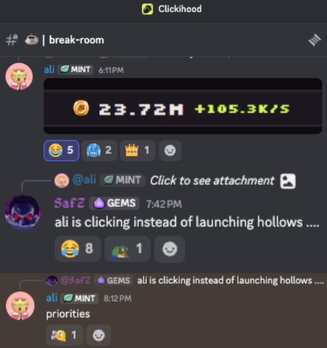 A Discord screenshot in the #break-room channel shows user "ali" sharing a "Clickihood" image displaying 23.72M points and a +105.3K/s rate, followed by another user "SafZ" replying "ali is clicking instead of launching hollows..." The conversation reflects the post's "Wen @hollows_nft?" sentiment, humorously highlighting the community's anticipation for the Hollows NFT project launch while members idle by accumulating Clickihood points.