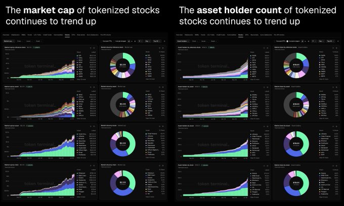 The image displays analytics dashboards from Token Terminal showing upward trends in tokenized stocks, with the left panel tracking market cap (~$2.3B) and the right panel tracking asset holder count (~619.6K), broken down by assets (SECZ, STRCx, CRCLon), issuers (Ondo Finance, xStocksFi, Binance), and chains (Ethereum, BNB Chain, Solana) via line charts and donut charts.
