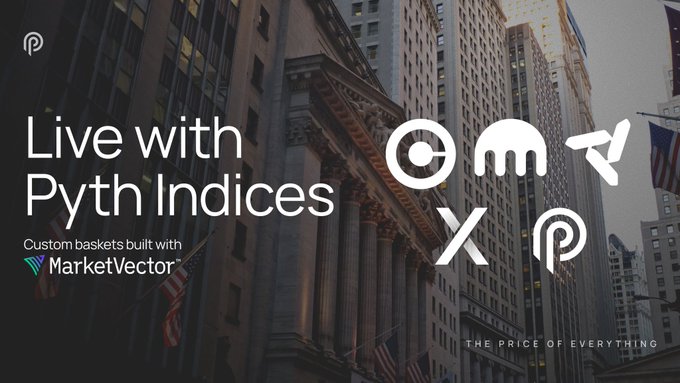 The image shows an advertisement for a new platform called Pyth Indices, which provides market data across various asset classes. The advertisement features the logos of four symbols representing different cryptocurrency exchanges (XRP, ETH, Binance Coin, and Polkadot). The cityscape in the background is the backdrop to this advertisement, indicating that the service is available on a city skyline. 

The text "Live with Pyth Indices" emphasizes the availability of this platform for real-time market data tracking, while the inclusion of the cryptocurrency symbols highlights the versatility and integration capabilities offered by the platform. The post appears sponsored, as indicated by the use of MarketVector's logos in the image description.