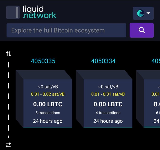 A screenshot from liquid.network showing Bitcoin ecosystem block details, with block heights 4050335 and 4050334 displaying 0.00 LBTC and varying sat/vB fees.