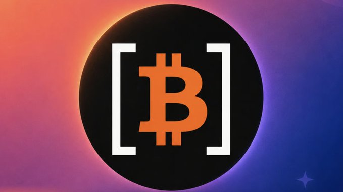 A black circle contains the orange Bitcoin 'B' logo enclosed in white brackets, set against a colorful gradient background of orange, pink, and purple.
