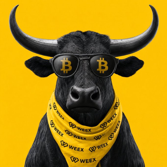 A promotional image features a black bull wearing sunglasses with Bitcoin logos on the lenses and a yellow bandana reading "WEEX", set against a solid yellow background.