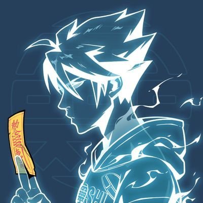 An anime-style character with glowing white hair and a determined expression holds a yellow talisman with red writing, rendered in bright blue and white tones.