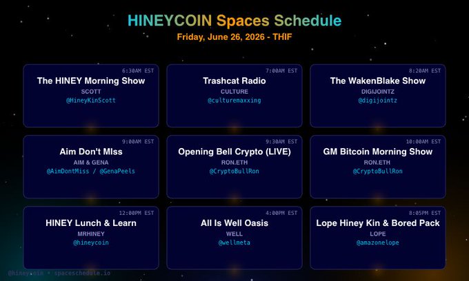 The image displays a "HINEYCOIN Spaces Schedule" for Friday, June 26, 2026, listing nine scheduled X Spaces events from 6:30AM to 8:05PM EST, including shows like "The $HINEY Morning Show" with @HineyKinScott at 6:30AM, "Trashcat Radio" with @culturemaxxing at 7:00AM, and "The WakenBlake Show" with @digijointz at 8:20AM, all presented on a starry dark background.